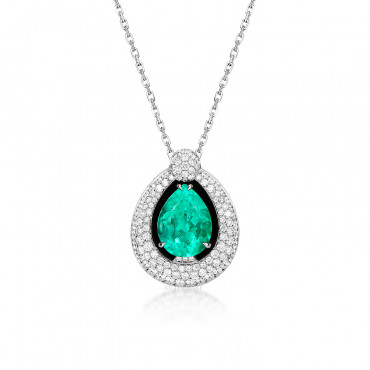 EMERALD, ONYX AND DIAMOND PENDENT NECKLACE